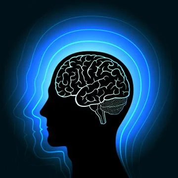 A human head with a glowing outline of the brain and radiating from her in waves Stock Illustration