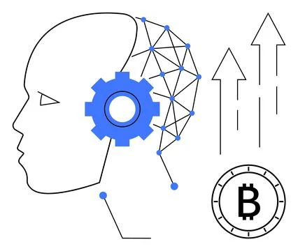 Human head integrated with gears, network nodes, and bitcoin symbol represe.. 스톡 일러스트
