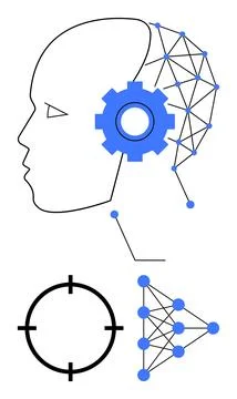 Human head with interconnected nodes, gear brain, and neural network. Ideal f Stock Illustration