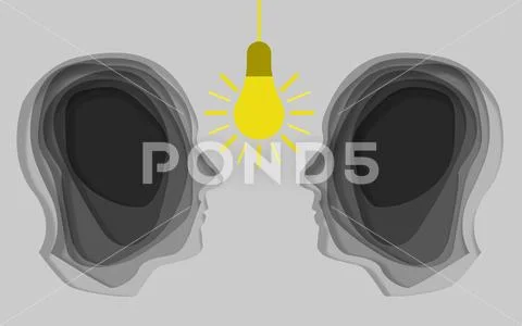 Human head with lamp icon cutout paper art Stock Illustration