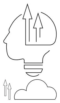 Human Head Light Bulb with Arrows Rising from Brain and Cloud Illustrates C.. 스톡 일러스트