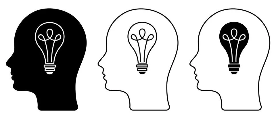 Human head with a light bulb inside. Linear icon. Creativity. New ideas. Imag Illustrazione stock