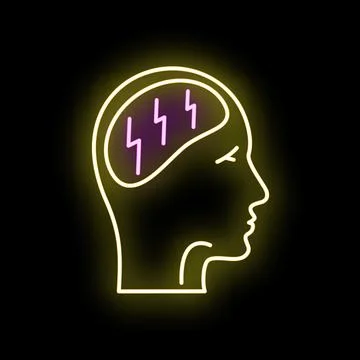 Human head line art with glowing brain and lightning bolts Stock Illustration