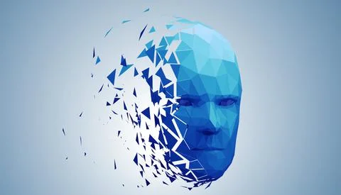 Human head, low poly style 3d vector wireframe object broken into different Stock Illustration