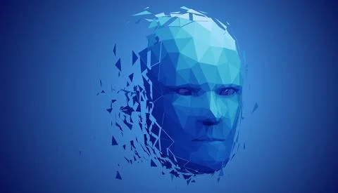 Human head, low poly style 3d vector wireframe object broken into different Stock Illustration