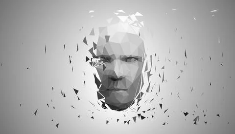 Human head, low poly style 3d vector wireframe object broken into different Stock Illustration