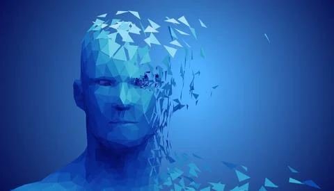 Human head, low poly style 3d vector wireframe object broken into different Stock Illustration