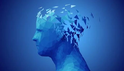 Human head, low poly style 3d vector wireframe object broken into different Stock Illustration