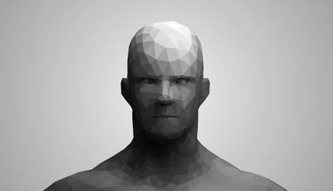 Human head, low poly style 3d vector wireframe object broken into different Stockillustratie