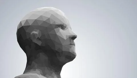Human head, low poly style 3d vector wireframe object broken into different Stock Illustration