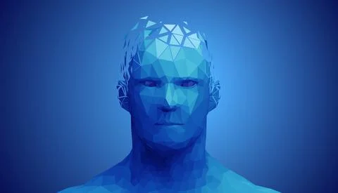 Human head, low poly style 3d vector wireframe object broken into different Stock Illustration