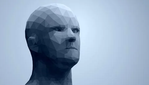 Human head, low poly style 3d vector wireframe object broken into different Stock Illustration