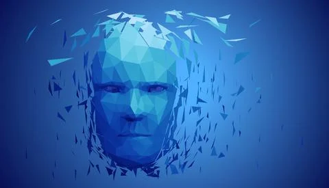 Human head, low poly style 3d vector wireframe object broken into different Stock Illustration