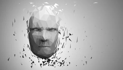 Human head, low poly style 3d vector wireframe object broken into different Stock Illustration