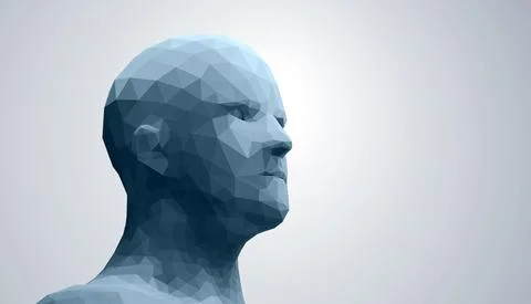 Human head, low poly style 3d vector wireframe object broken into different Stockillustratie