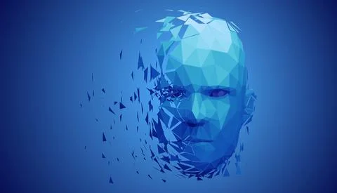 Human head, low poly style 3d vector wireframe object broken into different Stock Illustration