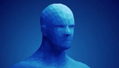 Human head, low poly style 3d vector wireframe object broken into different Stock Illustration