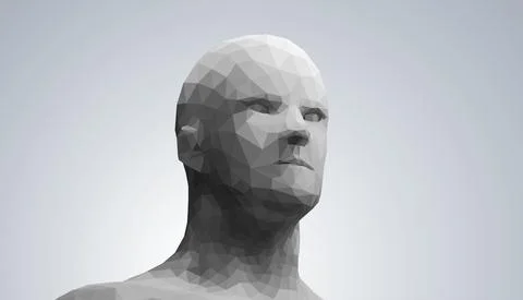 Human head, low poly style 3d vector wireframe object broken into different Stock Illustration