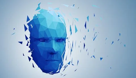 Human head, low poly style 3d vector wireframe object broken into different Stock Illustration