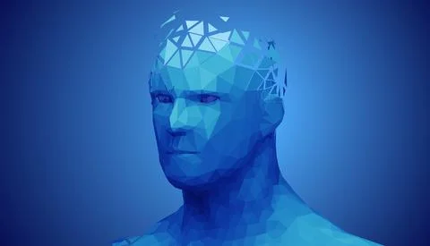 Human head, low poly style 3d vector wireframe object broken into different Stock Illustration