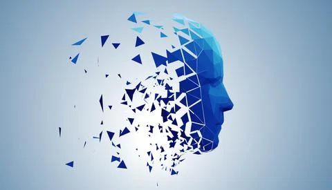 Human head, low poly style 3d vector wireframe object broken into different Stock Illustration