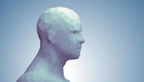 Human head, low poly style 3d vector wireframe object broken into different Stock Illustration