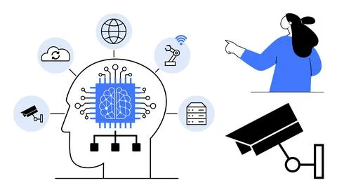 A human head with a microchip symbolizing artificial intelligence surrounded  Stock Illustration