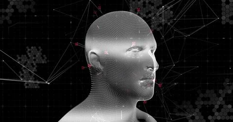 Human head model spinning against network of connections on black background Illustrazione stock