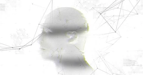 Human head model spinning against network of connections on white background 库存插图