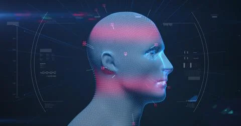 Human head model spinning against data processing on black background Stock-Illustration