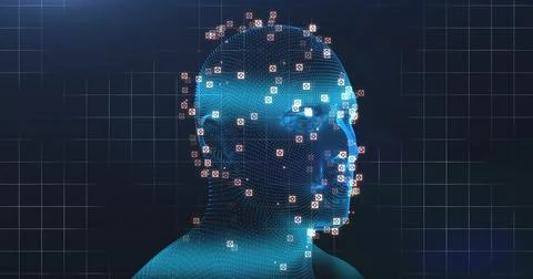 Human head model spinning against grid lines on blue background イラスト素材