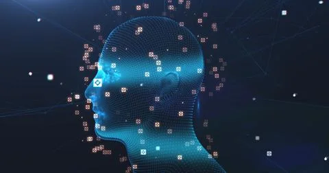 Human head model spinning against network of connections on blue background 스톡 일러스트
