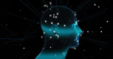 Human head model spinning against network of connections on black background イラスト素材