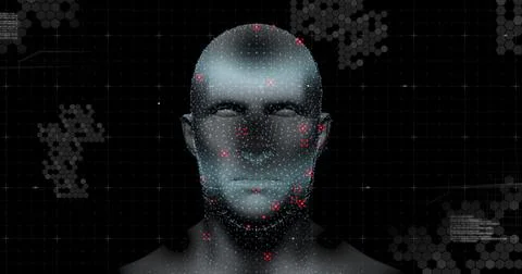 Human head model spinning against data processing on black background Stock Illustration