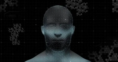 Human head model spinning against data processing on black background Stock Illustration