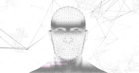 Human head model spinning against network of connections on white background Stock Illustration