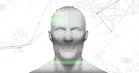 Human head model spinning against network of connections on white background 库存插图