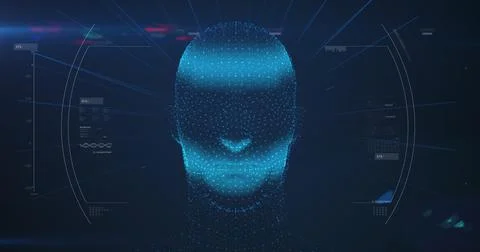 Human head model spinning against data processing on blue background Stock Illustration