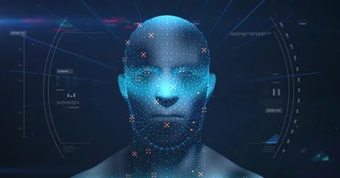 Human head model spinning against data processing on blue background Stock Illustration
