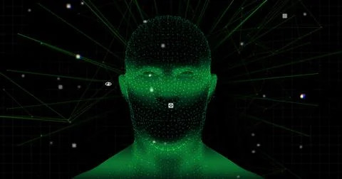 Human head model spinning against flickering light trails on blue background Stock Illustration