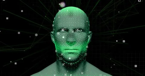 Human head model spinning against flickering light trails on blue background Illustrazione stock