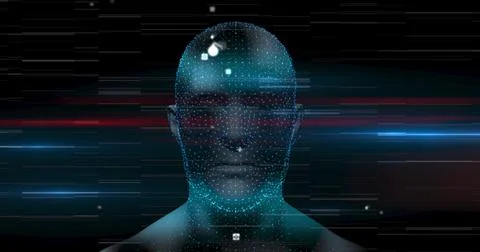 Human head model spinning against light trails on black background Illustrazione stock