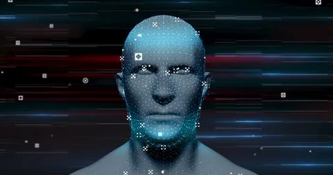 Human head model spinning against light trails on black background イラスト素材