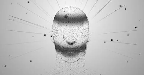 Human head model spinning against flickering light trails on white background Illustrazione stock