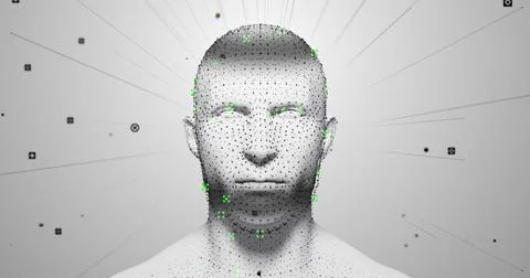Human head model spinning against flickering light trails on white background 스톡 일러스트