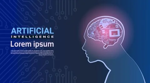 Human Head With Modern Cyborg Brain Mechanism Over Circuit Motherboard Stock Illustration