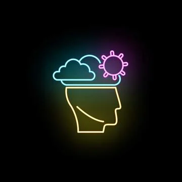 Human head with neon cloud and sun icon Stock Illustration