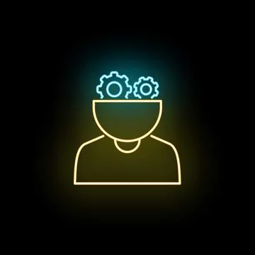 Human head with neon gears representing thinking process Ilustración de archivo