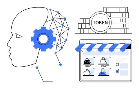 Human head with network lines and gear, stack of tokens, online shopping plat 库存插图