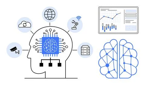Human head with neural microchip, tech icons cloud, world, robot arm, server, イラスト素材
